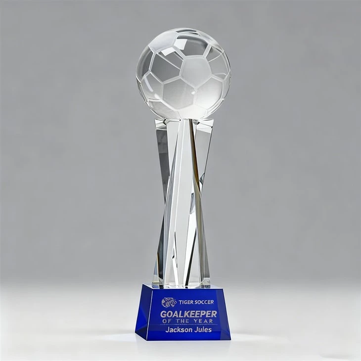 Custom Engraved Crystal Soccer Award With Blue Base For Football Tournament factory