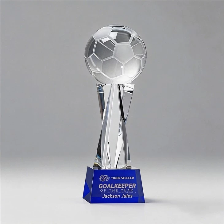 Custom Engraved Crystal Soccer Award With Blue Base For Football Tournament high quality