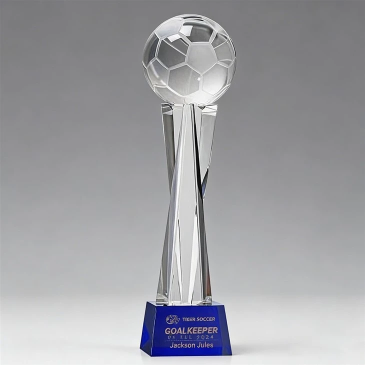 Custom Engraved Crystal Soccer Award With Blue Base For Football Tournament suppliers