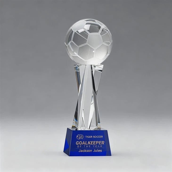 Custom Engraved Crystal Soccer Award With Blue Base For Football Tournament best
