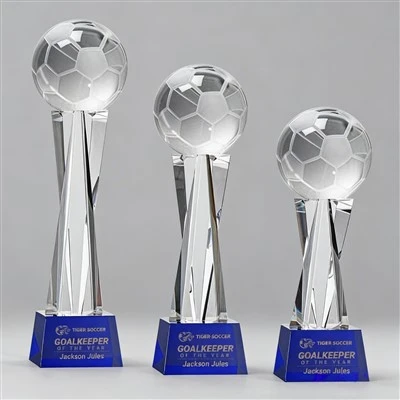 Custom Engraved Crystal Soccer Award With Blue Base For Football Tournament