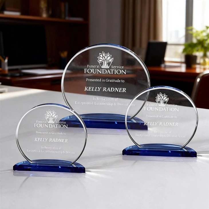 Round Crystal Trophy With Blue Base For Corporate Recognition suppliers