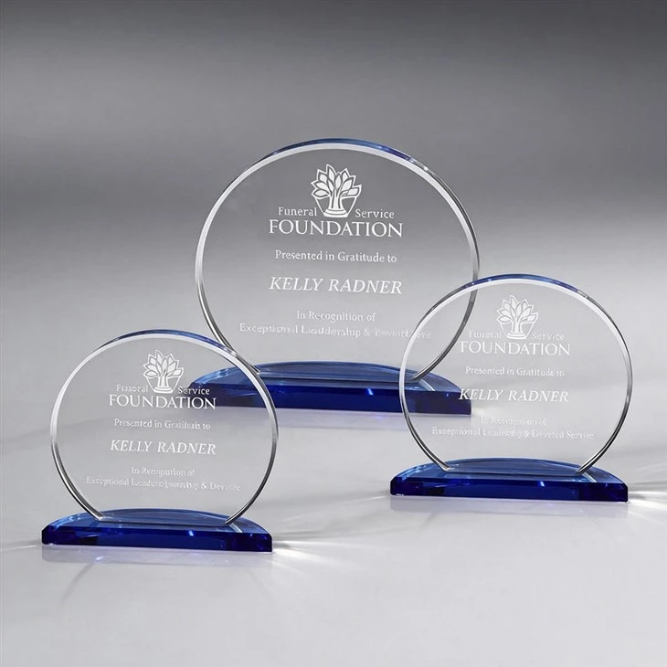 Round Crystal Trophy With Blue Base For Corporate Recognition