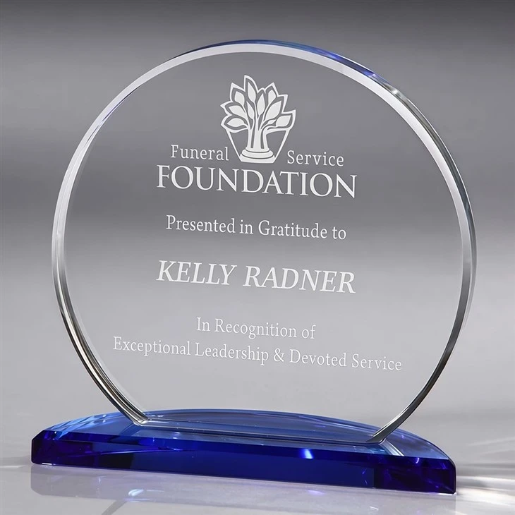 Round Crystal Trophy With Blue Base For Corporate Recognition best