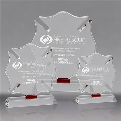 Crystal Maltese Cross Award With Red Base Accent For Fireman Recognition