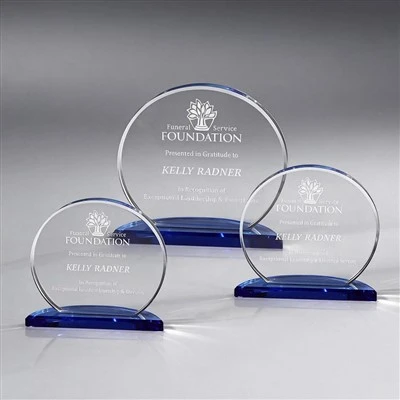 Round Crystal Trophy With Blue Base For Corporate Recognition